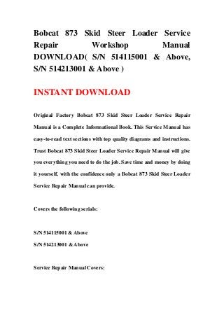 Bobcat 873 Skid Steer Loader Service
Repair Workshop Manual
DOWNLOAD( S/N 514115001 & Above,
S/N 514213001 & Above )
INSTANT DOWNLOAD
Original Factory Bobcat 873 Skid Steer Loader Service Repair
Manual is a Complete Informational Book. This Service Manual has
easy-to-read text sections with top quality diagrams and instructions.
Trust Bobcat 873 Skid Steer Loader Service Repair Manual will give
you everything you need to do the job. Save time and money by doing
it yourself, with the confidence only a Bobcat 873 Skid Steer Loader
Service Repair Manual can provide.
Covers the following serials:
S/N 514115001 & Above
S/N 514213001 & Above
Service Repair Manual Covers:
 