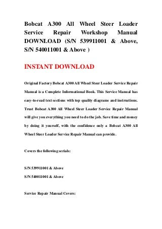 Bobcat A300 All Wheel Steer Loader
Service   Repair   Workshop Manual
DOWNLOAD (S/N 539911001 & Above,
S/N 540011001 & Above )

INSTANT DOWNLOAD

Original Factory Bobcat A300 All Wheel Steer Loader Service Repair

Manual is a Complete Informational Book. This Service Manual has

easy-to-read text sections with top quality diagrams and instructions.

Trust Bobcat A300 All Wheel Steer Loader Service Repair Manual

will give you everything you need to do the job. Save time and money

by doing it yourself, with the confidence only a Bobcat A300 All

Wheel Steer Loader Service Repair Manual can provide.



Covers the following serials:



S/N 539911001 & Above

S/N 540011001 & Above



Service Repair Manual Covers:
 