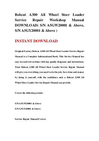 Bobcat A300 All Wheel Steer Loader
Service Repair Workshop Manual
DOWNLOAD( S/N A5GW20001 & Above,
S/N A5GY20001 & Above )
INSTANT DOWNLOAD
Original Factory Bobcat A300 All Wheel Steer Loader Service Repair
Manual is a Complete Informational Book. This Service Manual has
easy-to-read text sections with top quality diagrams and instructions.
Trust Bobcat A300 All Wheel Steer Loader Service Repair Manual
will give you everything you need to do the job. Save time and money
by doing it yourself, with the confidence only a Bobcat A300 All
Wheel Steer Loader Service Repair Manual can provide.
Covers the following serials:
S/N A5GW20001 & Above
S/N A5GY20001 & Above
Service Repair Manual Covers:
 