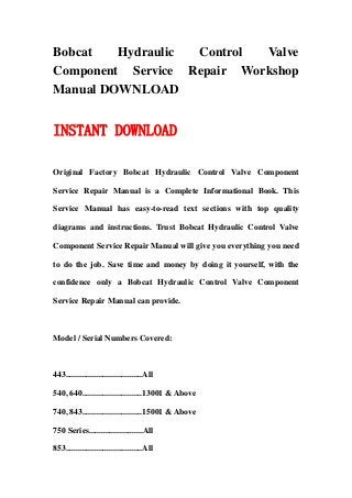 Bobcat   Hydraulic Control  Valve
Component Service Repair Workshop
Manual DOWNLOAD


INSTANT DOWNLOAD

Original Factory Bobcat Hydraulic Control Valve Component

Service Repair Manual is a Complete Informational Book. This

Service Manual has easy-to-read text sections with top quality

diagrams and instructions. Trust Bobcat Hydraulic Control Valve

Component Service Repair Manual will give you everything you need

to do the job. Save time and money by doing it yourself, with the

confidence only a Bobcat Hydraulic Control Valve Component

Service Repair Manual can provide.



Model / Serial Numbers Covered:



443.....................................All

540, 640.............................13001 & Above

740, 843.............................15001 & Above

750 Series..........................All

853.....................................All
 