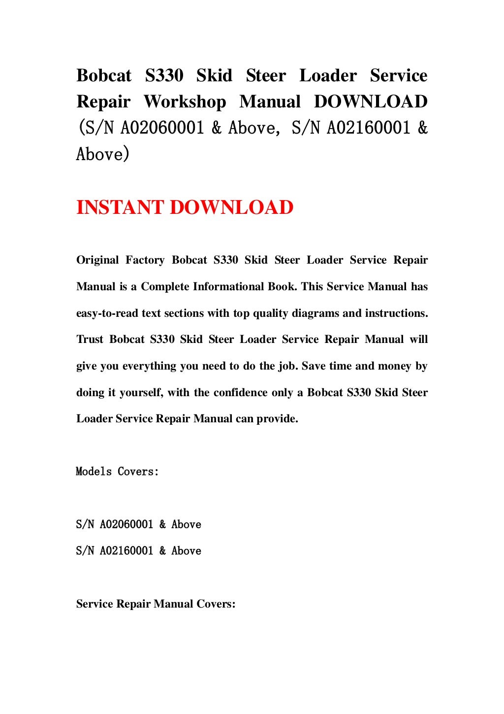 Bobcat s330 skid steer loader service repair workshop manual download…