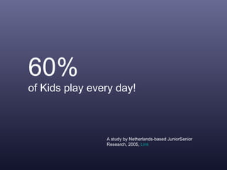 60%  of Kids play every day! A study by Netherlands-based JuniorSenior Research, 2005,  Link 