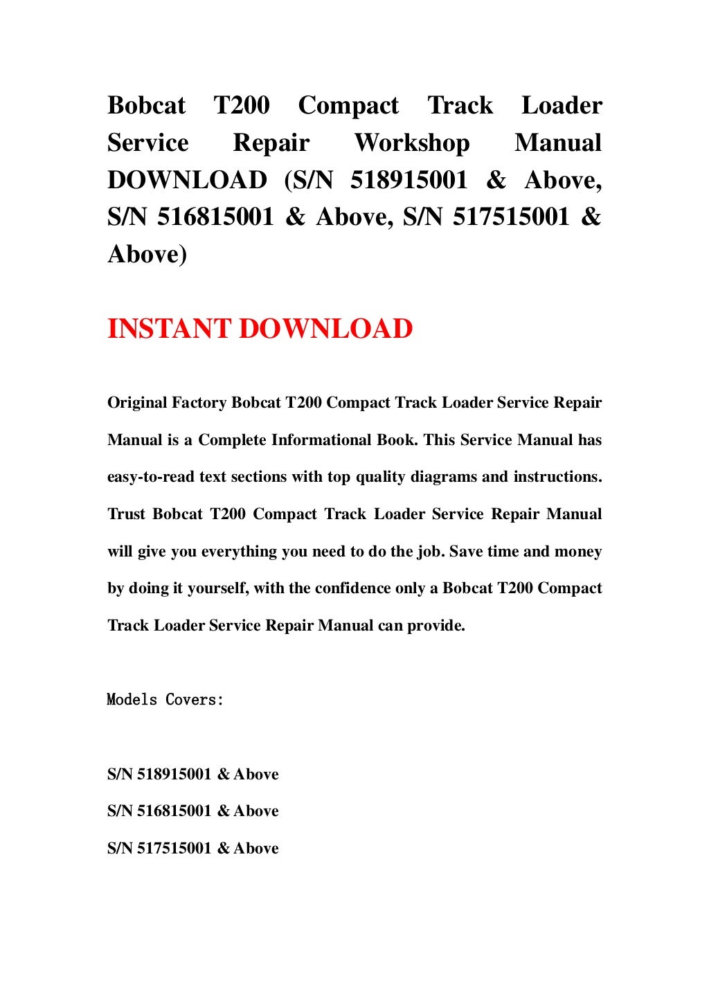 Bobcat t200 compact track loader service repair workshop manual downl…
