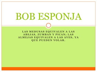 LAS MEDUSAS EQUIVALEN A LAS
ABEJAS, ZUMBAN Y PICAN; LAS
ALMEJAS EQUIVALEN A LAS AVES, YA
QUE PUEDEN VOLAR.
BOB ESPONJA
 