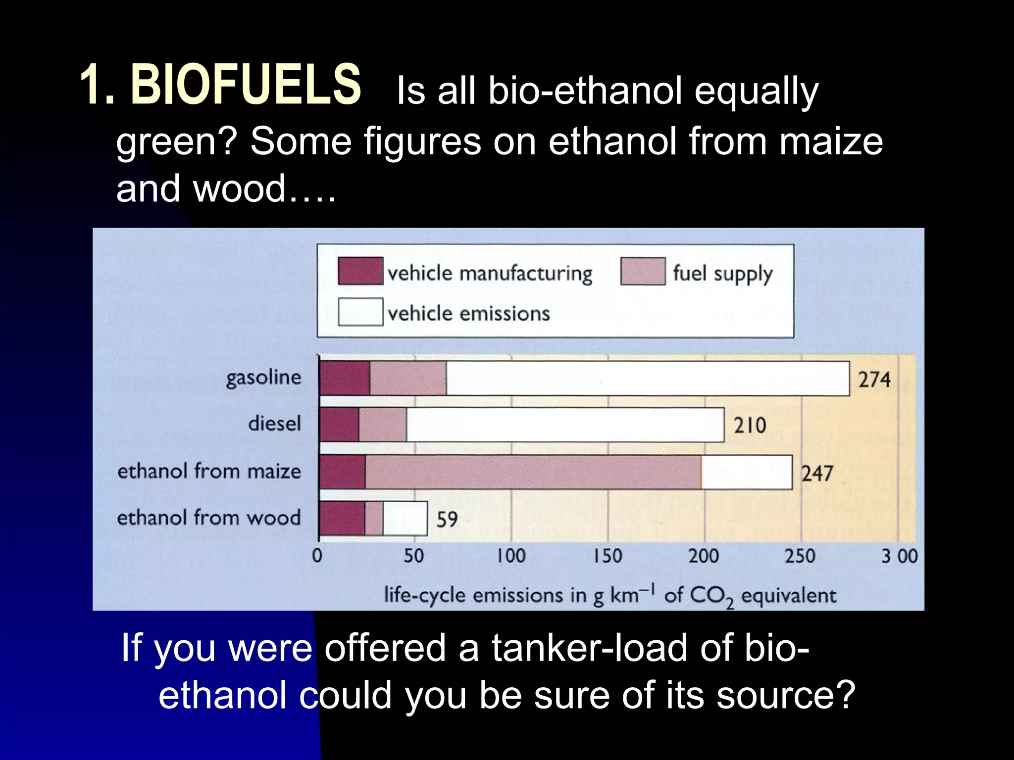 1. BIOFUELS   Is all bio-ethanol equally green? Some figures on ethanol from maize and wood…. If you were offered a tanker-load of bio-ethanol could you be sure of its source? 