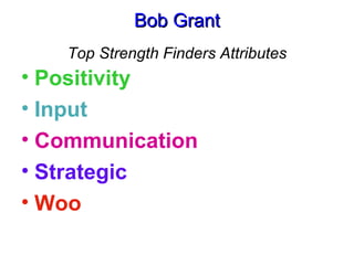 Bob Grant Top Strength Finders Attributes ,[object Object],[object Object],[object Object],[object Object],[object Object]