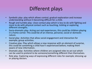 Different plays
• Symbolic play- play which allows control, gradual exploration and increase
understanding without it becoming difficult for a child.
• Rough and tumble play- close contact play which is less to do with fighting and
more to do with physical contact such as touching, tickling or exploring
different strengths.
• Socio-dramatic play- Acting out real experiences, this could be children playing
in a home corner. This could be of an intense, personal, social or domestic
nature.
• Social play- Activities that allow social engagement and interaction for
example; group activities.
• Creative play- Play which allows a new response with an element of surprise,
this could be something a child hasn’t experienced before; making them
aware of new information.
• Dramatic play- Activities where children are assigned roles to act out which
can be used to pretend to be someone/something different than themselves.
• Role play- Exploring ways of expressing different roles for example; dressing up
or playing doctors.
 