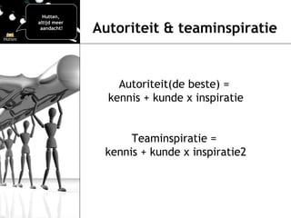 Autoriteit & teaminspiratie Autoriteit(de beste) =  kennis + kunde x inspiratie Teaminspiratie =  kennis + kunde x inspiratie2 Hutten,  altijd meer  aandacht! 