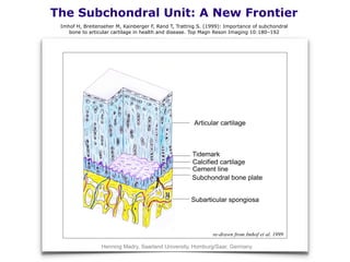 The Subchondral Unit: A New Frontier
re-drawn from Imhof et al. 1999
Henning Madry, Saarland University, Homburg/Saar, Germany
Imhof H, Breitenseher M, Kainberger F, Rand T, Trattnig S. (1999): Importance of subchondral
bone to articular cartilage in health and disease. Top Magn Reson Imaging 10:180–192
 