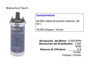 Características 26.000 voltios de tensión máxima ( 26 KV )  16.000 chispas / minuto Bobina Azul Tipo K Revolución  del Motor:   5.000 RPM Revolución del Distribuidor:   2.500 RPM Número de Cilindros:  X 6 15.000  Chispas / minuto 