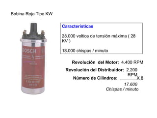 Características 28.000 voltios de tensión máxima ( 28 KV )  18.000 chispas / minuto Revolución del Distribuidor:   2.200 RPM Bobina Roja Tipo KW Número de Cilindros:  X 8 Revolución  del Motor:   4.400 RPM 17.600  Chispas / minuto 