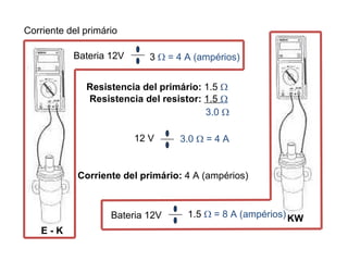 Bateria 12V  Corriente del primário Bateria 12V  Resistencia del primário:  1.5   Resistencia del resistor:  1.5   Corriente del primário:  4 A (ampérios) 3.0   3    = 4 A (ampérios)  1.5    = 8 A (ampérios)  12 V  3.0    = 4 A E - K KW 
