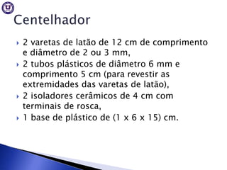    2 varetas de latão de 12 cm de comprimento
    e diâmetro de 2 ou 3 mm,
   2 tubos plásticos de diâmetro 6 mm e
    comprimento 5 cm (para revestir as
    extremidades das varetas de latão),
   2 isoladores cerâmicos de 4 cm com
    terminais de rosca,
   1 base de plástico de (1 x 6 x 15) cm.
 