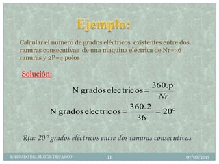 Calcular el numero de grados eléctricos existentes entre dos
ranuras consecutivas de una maquina eléctrica de Nr=36
ranuras y 2P=4 polos
20
36
360.2
electricosgradosN
360.p
electricosgradosN
Nr
Solución:
07/06/2013BOBINADO DEL MOTOR TRIFASICO 11
Rta: 20° grados eléctricos entre dos ranuras consecutivas
 