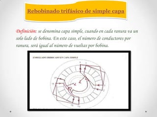 Rebobinado trifásico de simple capa
Definición: se denomina capa simple, cuando en cada ranura va un
solo lado de bobina. En este caso, el número de conductores por
ranura, será igual al número de vueltas por bobina.
 