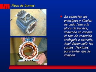 Placa de bornes Se conectan los principios y finales de cada fase a la placa de bornes, teniendo en cuenta el tipo de conexión triángulo o estrella. Aquí deben salir los cables  flexibles, para evitar que se rompan. 