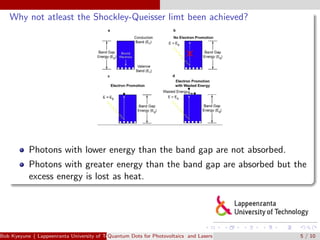 Why not atleast the Shockley-Queisser limt been achieved?
Photons with lower energy than the band gap are not absorbed.
Photons with greater energy than the band gap are absorbed but the
excess energy is lost as heat.
Bob Kyeyune ( Lappeenranta University of Technology Technical Physics)Quantum Dots for Photovoltaics and Lasers 5 / 10
 
