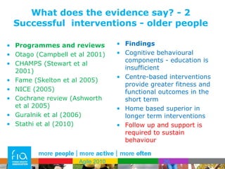 What does the evidence say? - 2 Successful  interventions - older people Programmes and reviews Otago (Campbell et al 2001)  CHAMPS (Stewart et al 2001) Fame (Skelton et al 2005) NICE (2005) Cochrane review (Ashworth et al 2005) Guralnik et al (2006) Stathi et al (2010) Findings Cognitive behavioural components - education is insufficient Centre-based interventions provide greater fitness and functional outcomes in the short term  Home based superior in longer term interventions Follow up and support is required to sustain behaviour Agile 2010  