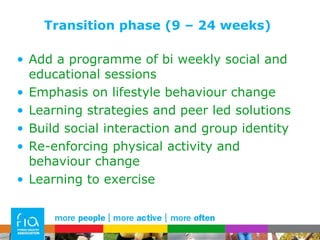 Transition phase (9 – 24 weeks) Add a programme of bi weekly social and educational sessions  Emphasis on lifestyle behaviour change Learning strategies and peer led solutions  Build social interaction and group identity Re-enforcing physical activity and behaviour change Learning to exercise 