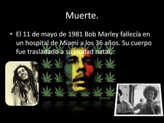 Muerte.
• El 11 de mayo de 1981 Bob Marley fallecía en
  un hospital de Miami a los 36 años. Su cuerpo
  fue trasladado a su ciudad natal,
 