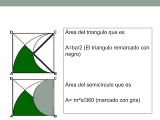 Área del triangulo que es
A=ba/2 (El triangulo remarcado con
negro)
Área del semicírculo que es
A= πr²α/360 (marcado con gris)
