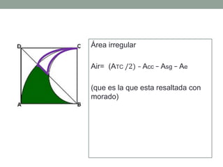 Área irregular
Air= (ATC /2) − Acc − Asg − Ae
(que es la que esta resaltada con
morado)