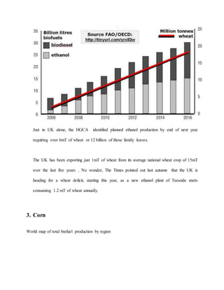 Just in UK alone, the HGCA identified planned ethanol production by end of next year
requiring over 6mT of wheat or 12 billion of those family loaves.
The UK has been exporting just 1mT of wheat from its average national wheat crop of 15mT
over the last five years . No wonder, The Times pointed out last autumn that the UK is
heading for a wheat deficit, starting this year, as a new ethanol plant of Teesside starts
consuming 1.2 mT of wheat annually.
3. Corn
World map of total biofuel production by region
 