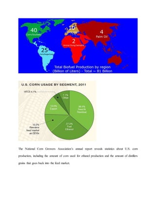 The National Corn Growers Association’s annual report reveals statistics about U.S. corn
production, including the amount of corn used for ethanol production and the amount of distillers
grains that goes back into the feed market.
 