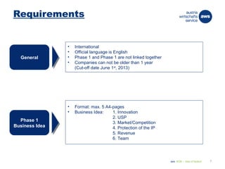 aws BOB – best of biotech 7
Requirements
Phase 1
Business Idea
• Format: max. 5 A4-pages
• Business Idea: 1. Innovation
2. USP
3. Market/Competition
4. Protection of the IP
5. Revenue
6. Team
General
• International
• Official language is English
• Phase 1 and Phase 1 are not linked together
• Companies can not be older than 1 year
(Cut-off date June 1st
, 2013)
 