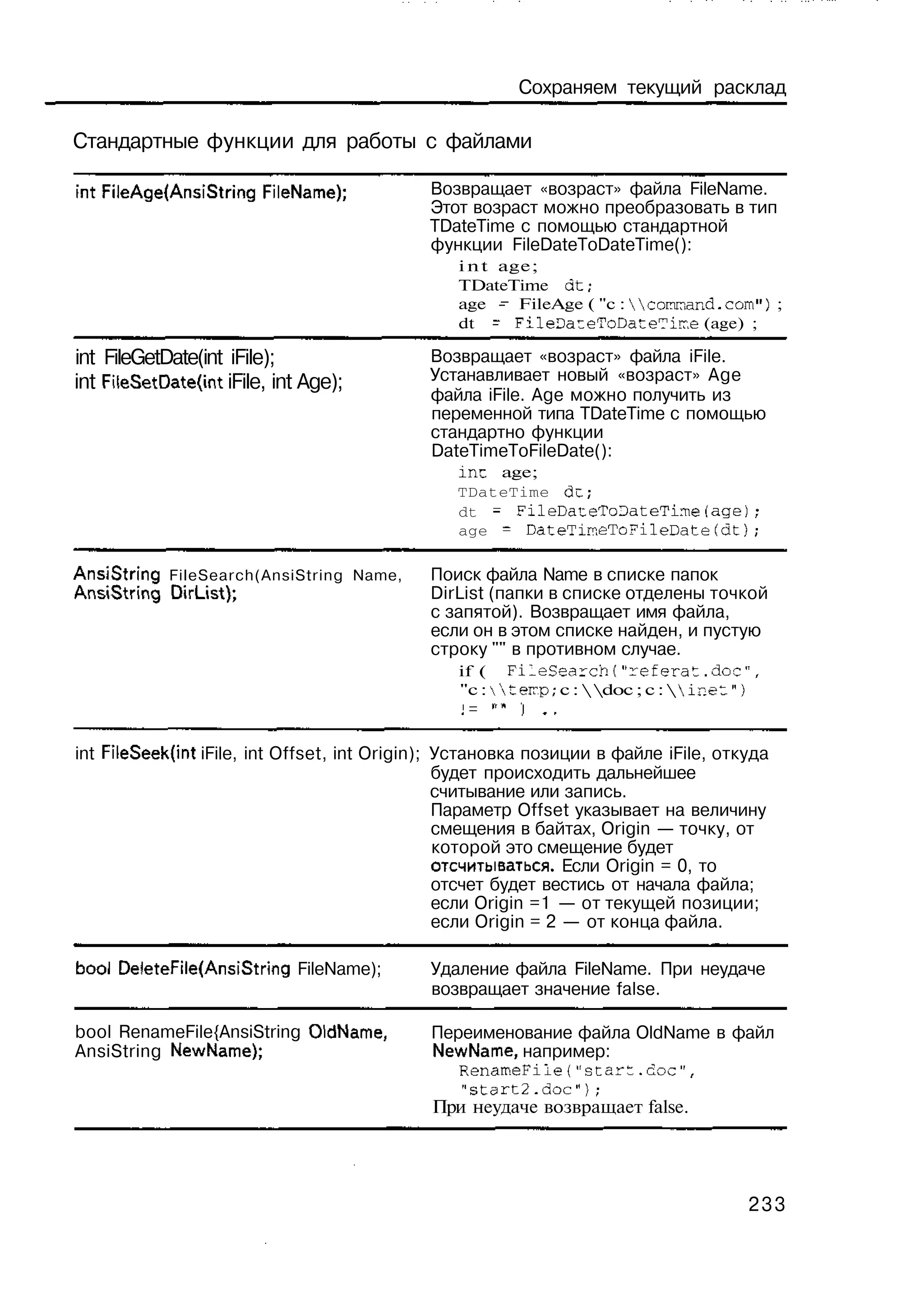 Сохраняем текущий расклад

Стандартные функции для работы с файлами

int FileAge{AnsiString FileName);            Возвращает «возраст» файла FileName.
                                             Этот возраст можно преобразовать в тип
                                             TDateTime с помощью стандартной
                                             функции FileDateToDateTime():
                                                i n t age;
                                                TDateTime d t ;
                                                age - FileAge ( "c : Wcomrrand.com") ;
                                                dt - FileDareToDateTirr.e (age) ;

int FileGetDate(int iFile);                  Возвращает «возраст» файла iFile.
int FileSetDate{int iFile, int Age);         Устанавливает новый «возраст» Age
                                             файла iFile. Age можно получить из
                                             переменной типа TDateTime с помощью
                                             стандартно функции
                                             DateTimeToFileDate():
                                                inc age;
                                                TDateTime dc;
                                                dt = FileDateToDateTime(age);
                                                age = DateTimeToFileDate(dt);

AnsiString FileSearch(AnsiString Name,       Поиск файла Name в списке папок
AnsiString D i r U s t ) ;                   DirList (папки в списке отделены точкой
                                             с запятой). Возвращает имя файла,
                                             если он в этом списке найден, и пустую
                                             строку "" в противном случае.
                                                if ( FileSearcht"referat.doc",
                                                "с : terrp; с :  doc ; с :  inet")



int FileSeek(int iFile, int Offset, int Origin); Установка позиции в файле iFile, откуда
                                                 будет происходить дальнейшее
                                                 считывание или запись.
                                                 Параметр Offset указывает на величину
                                                 смещения в байтах, Origin — точку, от
                                                 которой это смещение будет
                                                 отсчитываться. Если Origin = 0, то
                                                 отсчет будет вестись от начала файла;
                                                 если Origin =1 — от текущей позиции;
                                                 если Origin = 2 — от конца файла.

bool DeleteFile(AnsiString FileName);        Удаление файла FileName. При неудаче
                                             возвращает значение false.

bool RenameFile{AnsiString OldName,          Переименование файла OldName в файл
AnsiString NewName);                         NewName, например:
                                                RenameFiie{"start.doc",
                                                "start2.doc"};
                                             При неудаче возвращает false.




                                                                                      233
 