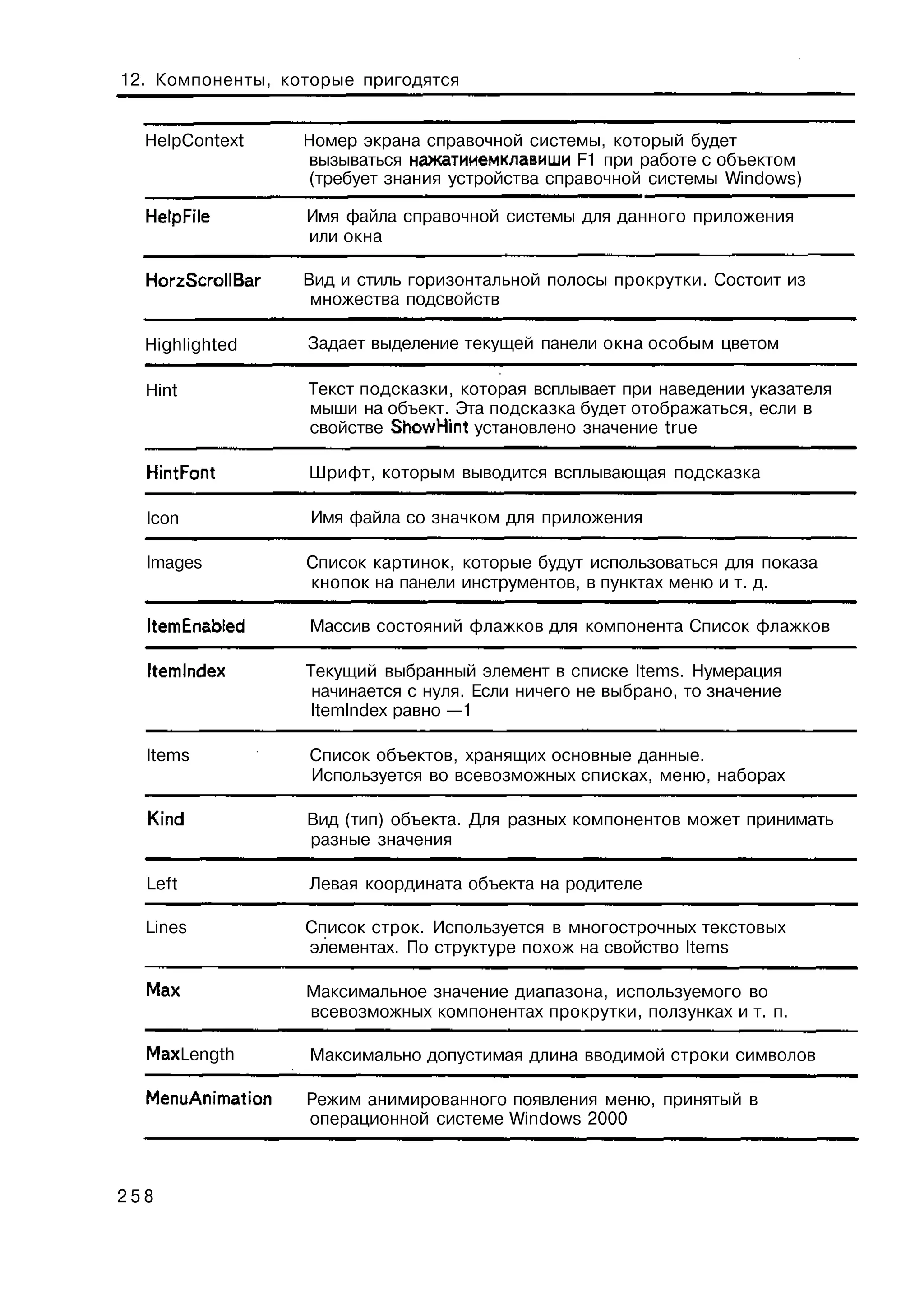 12. Компоненты, которые пригодятся


  HelpContext     Номер экрана справочной системы, который будет
                  вызываться нажатииемклавиши F1 при работе с объектом
                  (требует знания устройства справочной системы Windows)

  HelpFile        Имя файла справочной системы для данного приложения
                  или окна

  HorzScrollBar   Вид и стиль горизонтальной полосы прокрутки. Состоит из
                   множества подсвойств

  Highlighted     Задает выделение текущей панели окна особым цветом

  Hint            Текст подсказки, которая всплывает при наведении указателя
                  мыши на объект. Эта подсказка будет отображаться, если в
                  свойстве ShowHint установлено значение true

  HintFont        Шрифт, которым выводится всплывающая подсказка

  Icon             Имя файла со значком для приложения

  Images          Список картинок, которые будут использоваться для показа
                  кнопок на панели инструментов, в пунктах меню и т. д.

  ItemEnabted      Массив состояний флажков для компонента Список флажков

  Itemlndex       Текущий выбранный элемент в списке Items. Нумерация
                   начинается с нуля. Если ничего не выбрано, то значение
                  Itemlndex равно —1

  Items            Список объектов, хранящих основные данные.
                   Используется во всевозможных списках, меню, наборах

  Kind            Вид (тип) объекта. Для разных компонентов может принимать
                  разные значения

  Left            Левая координата объекта на родителе

  Lines           Список строк. Используется в многострочных текстовых
                  элементах. По структуре похож на свойство Items

  Мах             Максимальное значение диапазона, используемого во
                  всевозможных компонентах прокрутки, ползунках и т. п.

  Max Length       Максимально допустимая длина вводимой строки символов

  MenuAnimation   Режим анимированного появления меню, принятый в
                  операционной системе Windows 2000



258
 