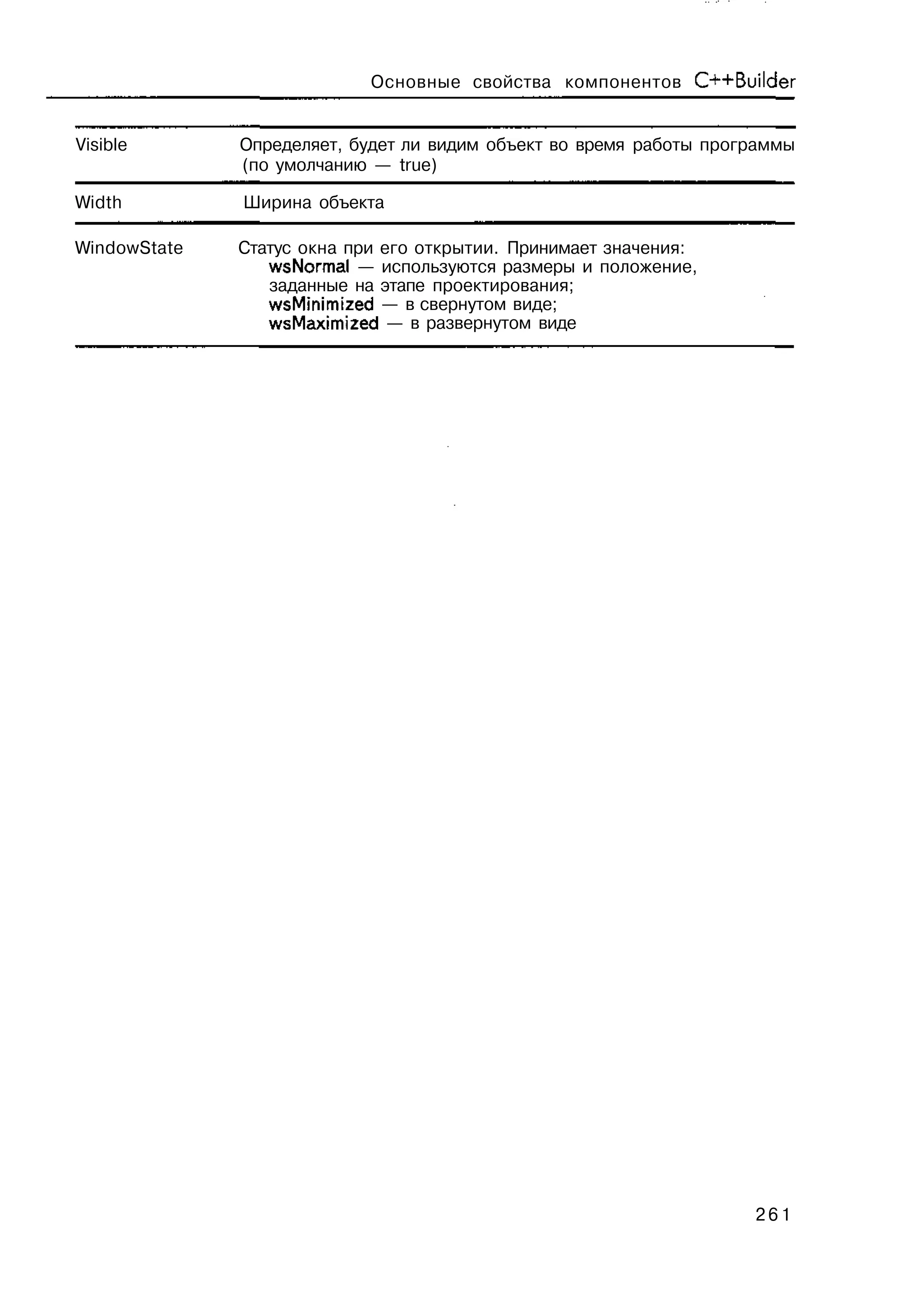Основные свойства компонентов C++Builder


Visible       Определяет, будет ли видим объект во время работы программы
              (по умолчанию — true)

Width         Ширина объекта

WindowState   Статус окна при его открытии. Принимает значения:
                 wsNormal — используются размеры и положение,
                 заданные на этапе проектирования;
                 wsMinimized — в свернутом виде;
                 wsMaximized — в развернутом виде




                                                                    261
 