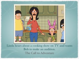 Linda hears about a cooking show on TV and wants 
Bob to make an audition. 
The Call to Adventure 
 