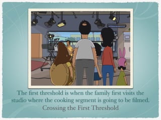 The first threshold is when the family first visits the 
studio where the cooking segment is going to be filmed. 
Crossing the First Threshold 
 
