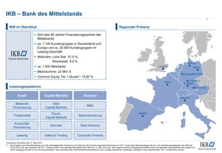 IKB – Bank des Mittelstands
IKB im Überblick
Leistungsspektrum
Regionale Präsenz
2
 Seit über 90 Jahren Finanzierungspartner des
Mittelstands
 ca. 1.100 Kundengruppen in Deutschland und
Europa und ca. 20.000 Kundengruppen im
Leasing-Geschäft
 Aktionäre: Lone Star 91,5 %,
Streubesitz 8,5 %
 ca. 1.500 Mitarbeiter
 Bilanzsumme: 22 Mrd. €
 Common Equity Tier 1-Quote1): 10,90 %
Mailand
London
Paris
Madrid
München
Stuttgart
Frankfurt
Düsseldorf (HQ)
Berlin
Hamburg
Fördermittel
Konsortial-
finanzierung
Leasing
Equity
Capital Markets
Advisory
M&A
Corporate Finance
Restrukturierung
Debt AdvisoryDerivate
Sales & Trading
Kredit
Bilaterale
Finanzierung
Capital Markets
Debt
Capital Markets
Anmerkung: Kennzahlen per 31. März 2015
1) Alle Angaben nach Bilanzfeststellung und unter stichtagsgleicher Zurechnung der Dotierung des Fonds für allgemeine Bankrisiken im CET 1 sowie unter Berücksichtigung der Ein- und Ausphasungsregelungen der CRR des
Jahres 2015 bzw. des Vorjahres. Die CET 1-Quoten wurden nach aktuellem Rechtsstand der CRR zum 31. März 2015 bzw. des Vorjahres inklusive Übergangsvorschriften sowie der bekannten Interpretationen der Aufsicht und
deren Auslegung ermittelt. Es ist nicht auszuschließen, dass zukünftige EBA-/EZB-Standards/Interpretationen bzw. sonstige aufsichtliche Handlungen retrograd zu einer abweichenden CET 1-Quote führen können.
 