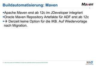 Buildautomatisierung: Maven
Apache Maven erst ab 12c im JDeveloper integriert
Oracle Maven Repository Artefakte für ADF erst ab 12c
 Derzeit keine Option für die IKB. Auf Wiedervorlage
nach Migration.
1) https://docs.oracle.com/middleware/1213/jdev/user-guide/jdev-build-java-projects.htm#OJDUG5847
26
 