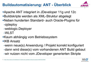 Buildautomatisierung: ANT - Überblick
Apache ANT integriert in JDeveloper 11g und 12c
Buildskripte werden als XML-Struktur abgelegt
Neben hunderten Standard- auch Oracle-Plugins für
-ojdeploy
-weblogic.Deployer
-WLST
Kaum abhängig vom Betriebssystem
IKB Ansatz
-wenn neue(s) Anwendung / Projekt korrekt konfiguriert
-dann wird diese(s) vom vorhandenen ANT Build gebaut
-wir nutzen nicht vom JDeveloper generierten Skripte
1) https://docs.oracle.com/middleware/1213/jdev/user-guide/jdev-build-java-projects.htm#OJDUG5842
27
 