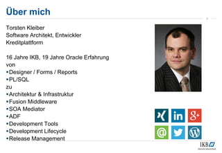 Über mich
Torsten Kleiber
Software Architekt, Entwickler
Kreditplattform
16 Jahre IKB, 19 Jahre Oracle Erfahrung
von
Designer / Forms / Reports
PL/SQL
zu
Architektur & Infrastruktur
Fusion Middleware
SOA Mediator
ADF
Development Tools
Development Lifecycle
Release Management
3
 