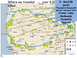 Where we traveled   --   over 9,000 miles! 5  MAJOR parksTheodore RooseveltGlacier National ParkCrater LakeRedwoodsYosemiteSequoia