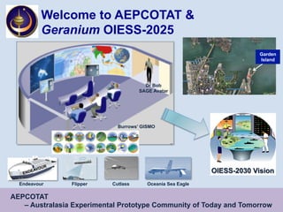 Welcome to AEPCOTAT &
Geranium OIESS-2025
AEPCOTAT
– Australasia Experimental Prototype Community of Today and Tomorrow
Garden
Island
OIESS-2030 Vision
Burrows’ GISMO
Dr Bob
SAGE Avatar
Endeavour Flipper Oceania Sea Eagle
Cutlass
ENDEAVOUR
 