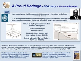 The Strategic and Defence Studies Centre
organised a two-day workshop on Geographic
Information Systems (GIS) on 20-21 August
1987 at the Australian National University.
The Digital Hydrographic Data Base had its conceptual origins in the early 1980s as the brainchild of Mr Burrows.
Burrow’s concept of a General Integrated Survey Model of the Ocean, or GISMO, was well ahead of its time and well
ahead of the technology of the day. Burrows was awarded OAM for services to marine cartography in 1993.
“The management and coordination of geographic information is perhaps the
most challenging problem facing the Australian defence community today”.
Hydrography and the Management of Geographic Information for Defence
Kenneth G. Burrows
Nature of Hydrographic Information
Maritime Intelligence
Laser Airborne Depth
Sounder (LADS)
Electronic Chart Display and
Information System (ECDIS)
General Integrated Survey Model of
the Ocean (GISMO)
Proceedings were published in Desmond Ball
and Ross Babbage (eds), Geographic
Information Systems: Defence Applications,
Brassey's Australia, 1989.
A Proud Heritage – Visionary – Kenneth Burrows
1987
 