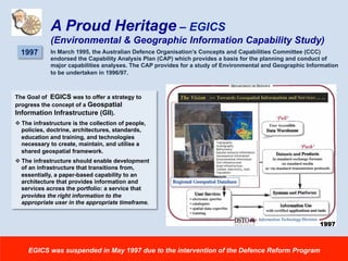 A Proud Heritage – EGICS
(Environmental & Geographic Information Capability Study)
1997 In March 1995, the Australian Defence Organisation’s Concepts and Capabilities Committee (CCC)
endorsed the Capability Analysis Plan (CAP) which provides a basis for the planning and conduct of
major capabilities analyses. The CAP provides for a study of Environmental and Geographic Information
to be undertaken in 1996/97.
The Goal of EGICS was to offer a strategy to
progress the concept of a Geospatial
Information Infrastructure (GII).
v The infrastructure is the collection of people,
policies, doctrine, architectures, standards,
education and training, and technologies
necessary to create, maintain, and utilise a
shared geospatial framework.
v The infrastructure should enable development
of an infrastructure that transitions from,
essentially, a paper-based capability to an
architecture that provides information and
services across the portfolio: a service that
provides the right information to the
appropriate user in the appropriate timeframe.
EGICS was suspended in May 1997 due to the intervention of the Defence Reform Program
1997
 