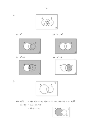 20
4.
1) A′ 2) (A ∪ B)′
3) A′ ∪ B 4) A′ ∩ B
5.
จาก n(U ) = 100, n(A) = 40, n(B) = 25 และ n(A ∩ B) = 6 จะได
n(A – B) = n(A) – n(A ∩ B)
= 40 – 6 = 34
U
A B
UA
B
U
BA
U
BA
6
7
8
U
BA
4
5
6
7
8
U
BA 6
7
8
U
A B
1 2
3
4
5
6
8 7
 