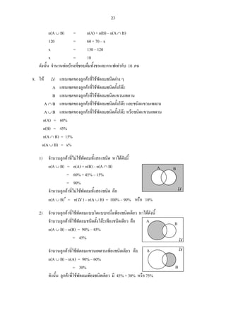 23
n(A ∪ B) = n(A) + n(B) – n(A ∩ B)
120 = 60 + 70 – x
x = 130 – 120
x = 10
ดังนั้น จํานวนพอบานที่ชอบดื่มทั้งชาและกาแฟเทากับ 10 คน
8. ให U แทนเซตของลูกคาที่ใชพัดลมชนิดตาง ๆ
A แทนเซตของลูกคาที่ใชพัดลมชนิดตั้งโตะ
B แทนเซตของลูกคาที่ใชพัดลมชนิดแขวนเพดาน
A ∩ B แทนเซตของลูกคาที่ใชพัดลมชนิดตั้งโตะ และชนิดแขวนเพดาน
A ∪ B แทนเซตของลูกคาที่ใชพัดลมชนิดตั้งโตะ หรือชนิดแขวนเพดาน
n(A) = 60%
n(B) = 45%
n(A ∩ B) = 15%
n(A ∪ B) = x%
1) จํานวนลูกคาที่ไมใชพัดลมทั้งสองชนิด หาไดดังนี้
n(A ∪ B) = n(A) + n(B) – n(A ∩ B) A B
= 60% + 45% – 15%
= 90%
จํานวนลูกคาที่ไมใชพัดลมทั้งสองชนิด คือ
n(A ∪ B)′ = n( U ) – n(A ∪ B) = 100% – 90% หรือ 10%
2) จํานวนลูกคาที่ใชพัดลมแบบใดแบบหนึ่งเพียงชนิดเดียว หาไดดังนี้
จํานวนลูกคาที่ใชพัดลมชนิดตั้งโตะเพียงชนิดเดียว คือ
n(A ∪ B) – n(B) = 90% – 45%
= 45%
จํานวนลูกคาที่ใชพัดลมแขวนเพดานเพียงชนิดเดียว คือ
n(A ∪ B) – n(A) = 90% – 60%
= 30%
ดังนั้น ลูกคาที่ใชพัดลมเพียงชนิดเดียว มี 45% + 30% หรือ 75%
UC
A B
U
U
A B
A
B
U
 