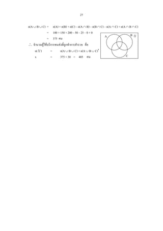 27
n(A ∪ B ∪ C) = n(A) + n(B) + n(C) – n(A ∩ B) – n(B ∩ C) – n(A ∩ C) + n(A ∩ B ∩ C)
= 100 + 150 + 200 – 50 – 25 – 0 + 0
= 375 คน
∴ จํานวนผูใชบริการขนสงที่ถูกทําการสํารวจ คือ
n(U ) = n(A ∪ B ∪ C) + n(A ∪ B ∪ C)′
x = 375 + 30 = 405 คน
UA B
C
 