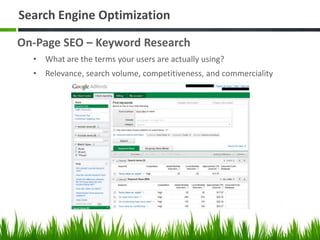 Search Engine Optimization

On-Page SEO – Keyword Research
  • What are the terms your users are actually using?
  • Relev...