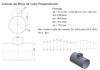 Calculo da Boca de Lobo Perpendicular
4

Formula:
5e = H -√ ( R² - ( Cos 00.0 x r )²) = 253 mm
4d= 239,6mm

H 600

5
r2

3c= 209,3mm
2b= 181,1mm
1a = 170 mm

R4

Obs: mudar o valor do cosseno Ex: (00.0 para 22.5, 45.0,

30

67.5, 90 )
508

860

e

d

5

4

c

3

b

2

a

1

b

2

c

3

d

e

4

5

 