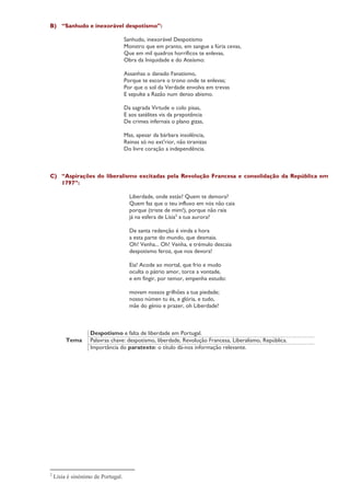 B) “Sanhudo e inexorável despotismo”:

                                    Sanhudo, inexorável Despotismo
                                    Monstro que em pranto, em sangue a fúria cevas,
                                    Que em mil quadros horríficos te enlevas,
                                    Obra da Iniquidade e do Ateísmo:

                                    Assanhas o danado Fanatismo,
                                    Porque te escore o trono onde te enlevas;
                                    Por que o sol da Verdade envolva em trevas
                                    E sepulte a Razão num denso abismo.

                                    Da sagrada Virtude o colo pisas,
                                    E aos satélites vis da prepotência
                                    De crimes infernais o plano gizas,

                                    Mas, apesar da bárbara insolência,
                                    Reinas só no ext'rior, não tiranizas
                                    Do livre coração a independência.



C) “Aspirações do liberalismo excitadas pela Revolução Francesa e consolidação da República em
   1797”:

                                      Liberdade, onde estás? Quem te demora?
                                      Quem faz que o teu influxo em nós não caia
                                      porque (triste de mim!), porque não raia
                                      já na esfera de Lísia2 a tua aurora?

                                      De santa redenção é vinda a hora
                                      a esta parte do mundo, que desmaia.
                                      Oh! Venha... Oh! Venha, e trémulo descaia
                                      despotismo feroz, que nos devora!

                                      Eia! Acode ao mortal, que frio e mudo
                                      oculta o pátrio amor, torce a vontade,
                                      e em fingir, por temor, empenha estudo:

                                      movam nossos grilhões a tua piedade;
                                      nosso númen tu és, e glória, e tudo,
                                      mãe do génio e prazer, oh Liberdade!



                   Despotismo e falta de liberdade em Portugal.
         Tema      Palavras chave: despotismo, liberdade, Revolução Francesa, Liberalismo, República.
                   Importância do paratexto: o título dá-nos informação relevante.




2
    Lísia é sinónimo de Portugal.
 