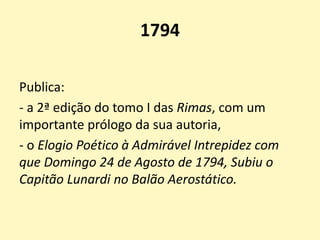 1794
Publica:
- a 2ª edição do tomo I das Rimas, com um
importante prólogo da sua autoria,
- o Elogio Poético à Admirável Intrepidez com
que Domingo 24 de Agosto de 1794, Subiu o
Capitão Lunardi no Balão Aerostático.
 