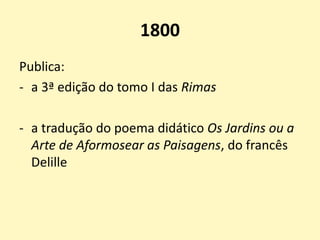 1800
Publica:
- a 3ª edição do tomo I das Rimas
- a tradução do poema didático Os Jardins ou a
Arte de Aformosear as Paisagens, do francês
Delille
 